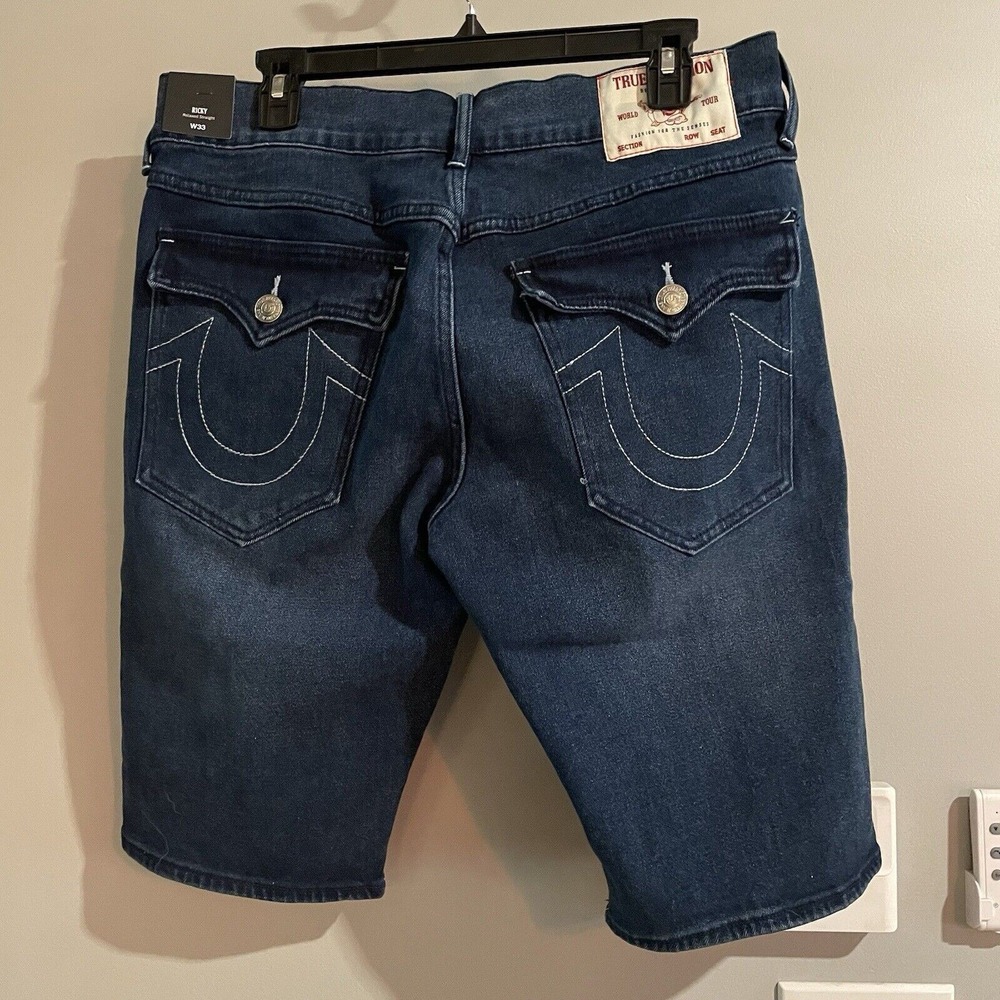 True Religion Ricky Shorts Denim Relaxed Straight Fit Flap Pockets Size 33‎ New
